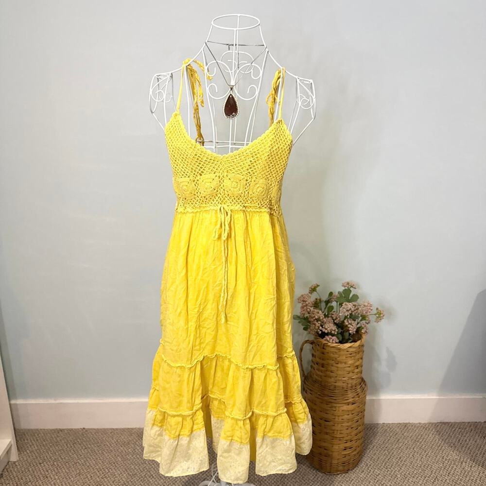 Bright Yellow Crochet Bodice Tiered Midi Dress